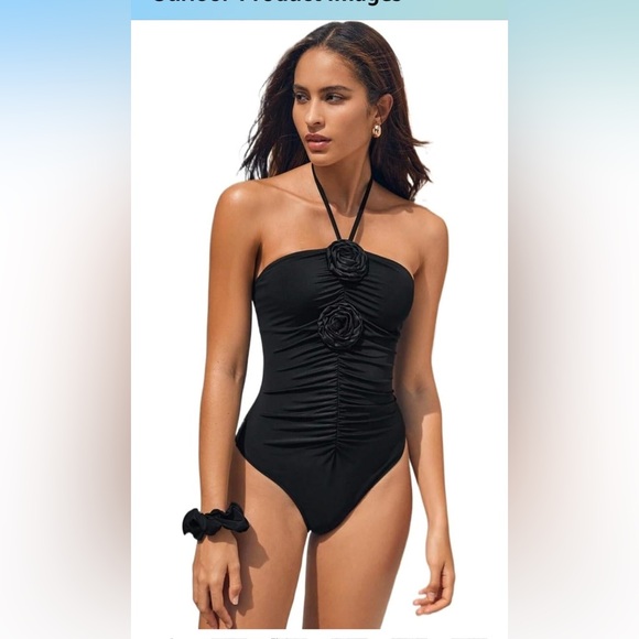 Other - Black Halter Neck One-Piece Swimsuit with Rosette and rushing